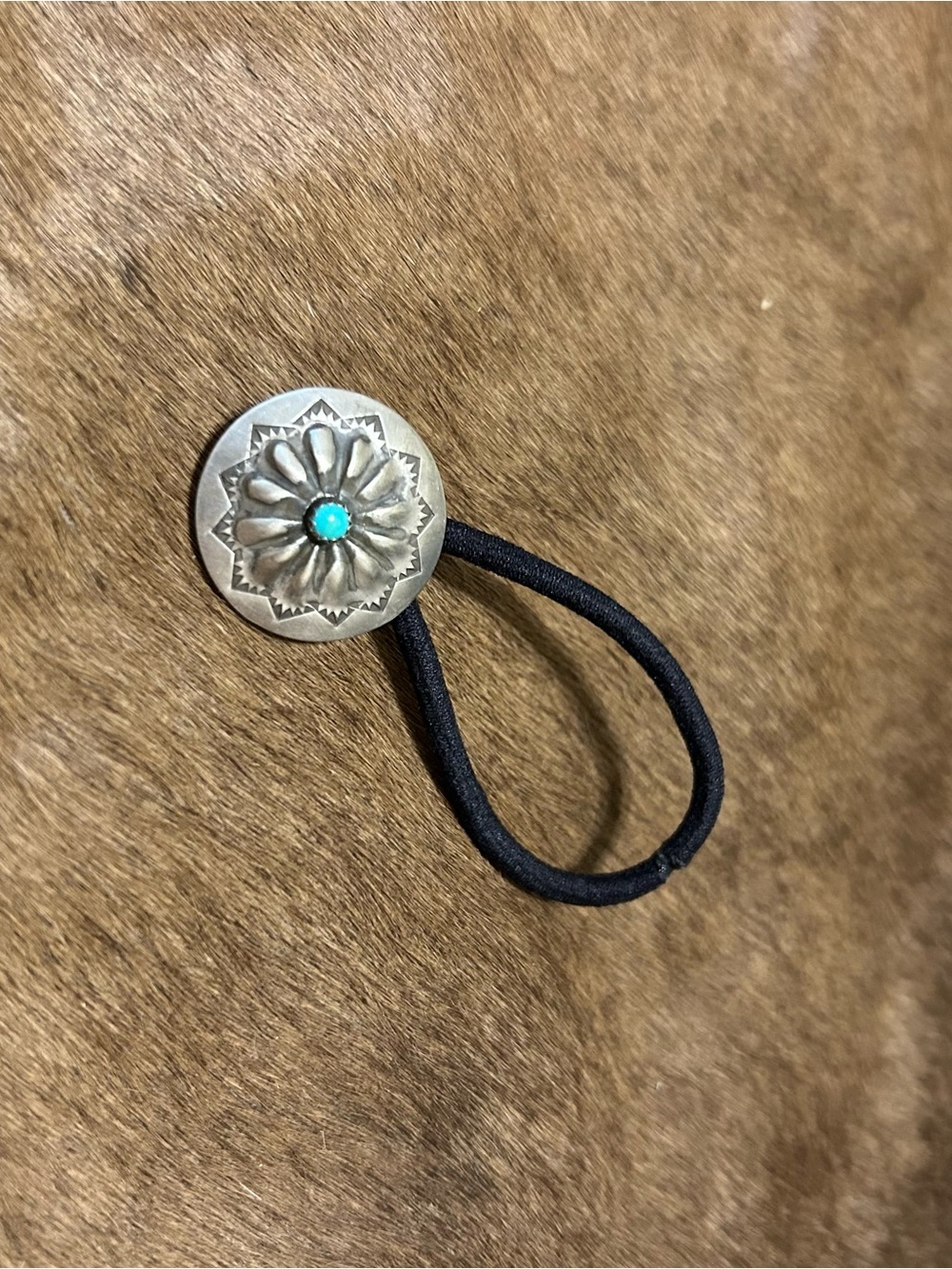Native Silver-Tone Concho Hair Tie with Turquoise Accent